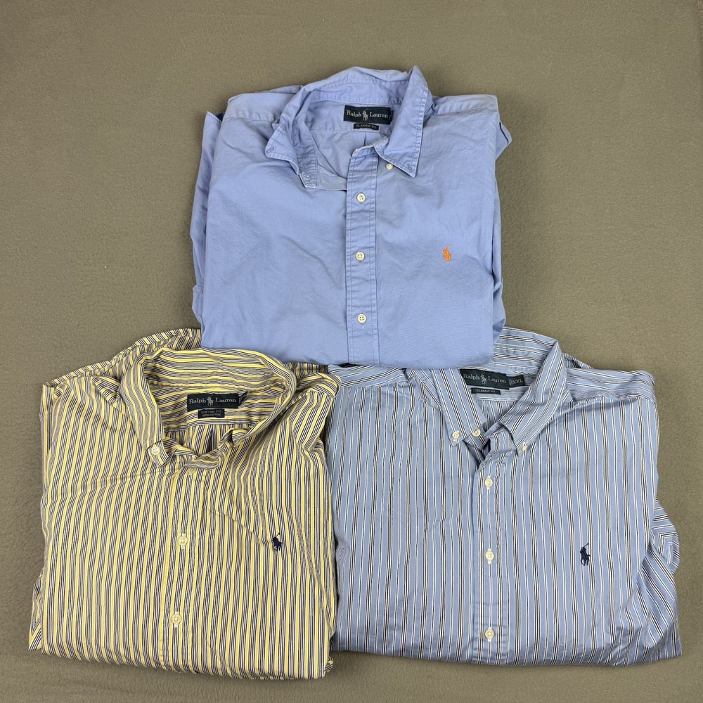 Lot of 3 Ralph Lauren Classic fit + Custom Mens XXL 2XL‎ Blue Stripe Button Down
